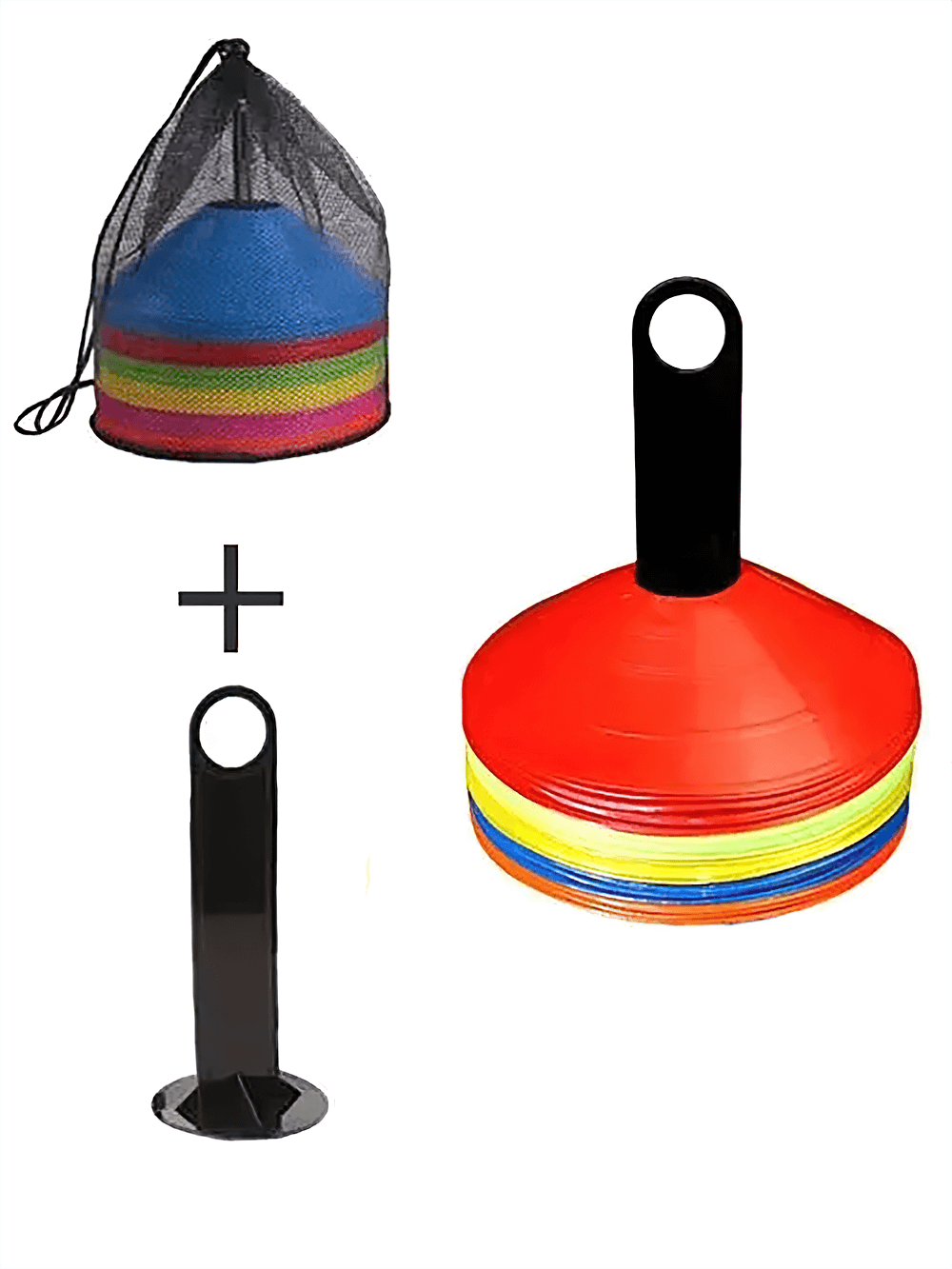 Vibrant 50pcs agility cone set with stand and mesh bag for football training and sport drills.