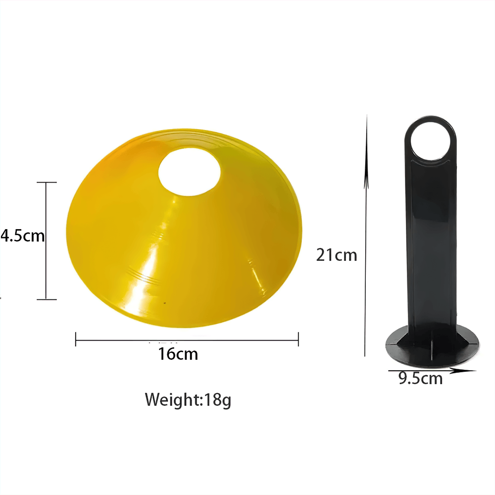 Yellow agility cone and black stand with dimensions for sports training