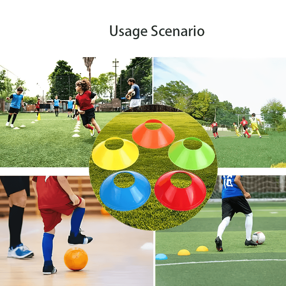 Vibrant agility cone set used in football training and drills, enhancing footwork, speed, and coordination on the field.