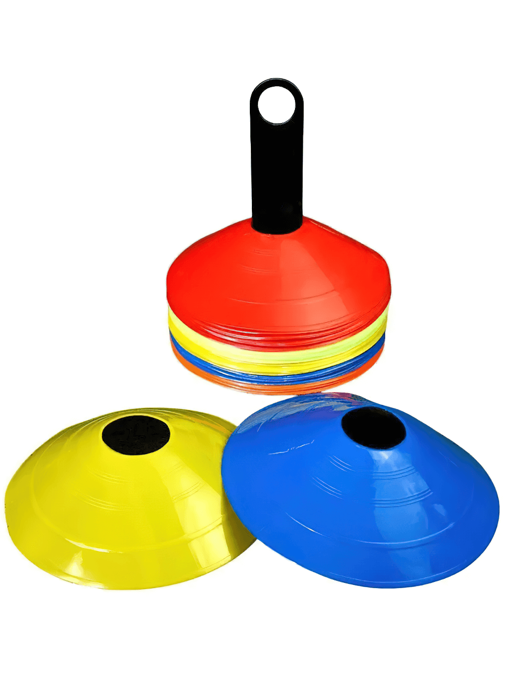 Colorful 50pcs agility cone set with stand and mesh bag for football and sports training drills, enhancing speed and coordination.