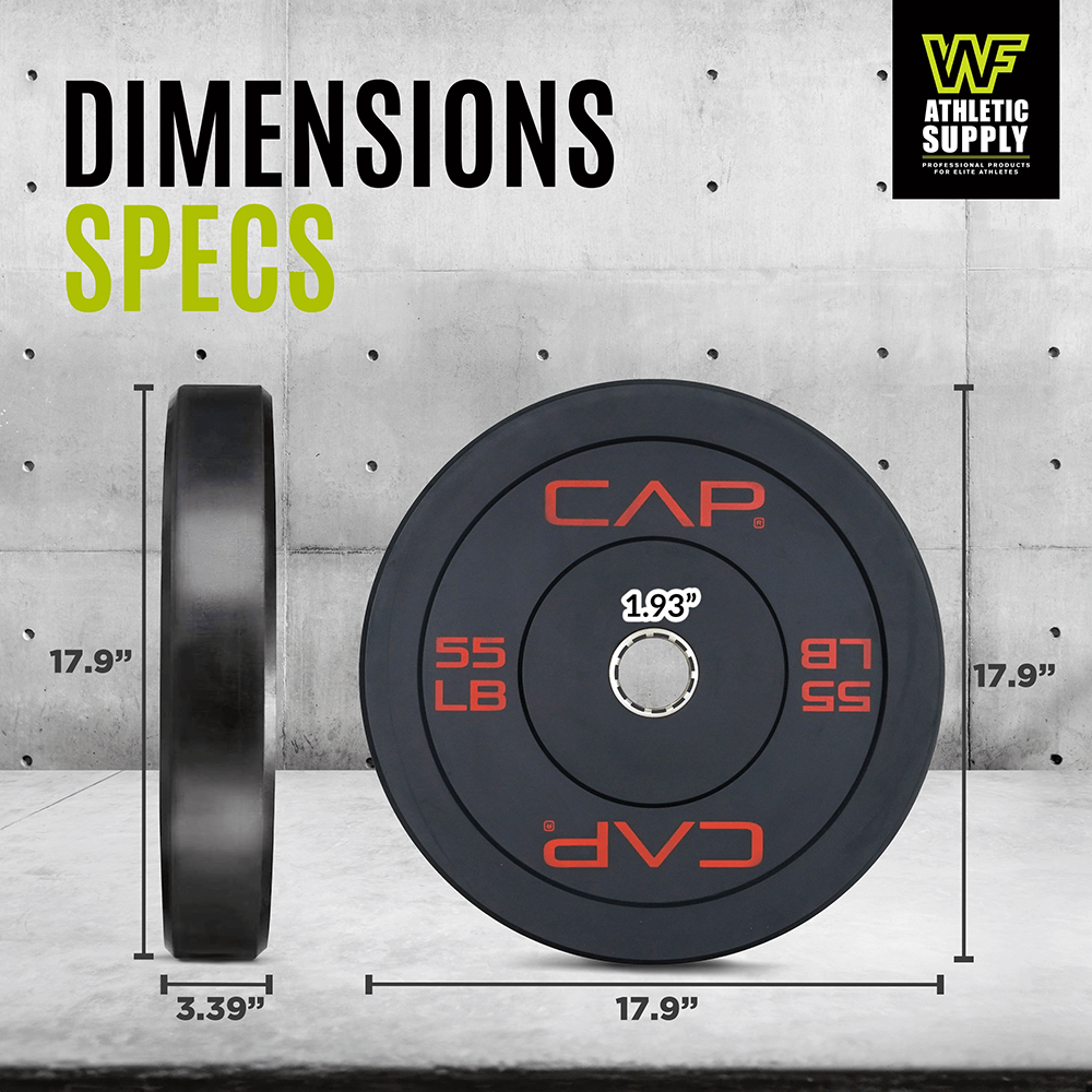 Dimensions of 55 LB bumper plate for strength training, featuring durable rubber and steel hub, ideal for Olympic lifts.