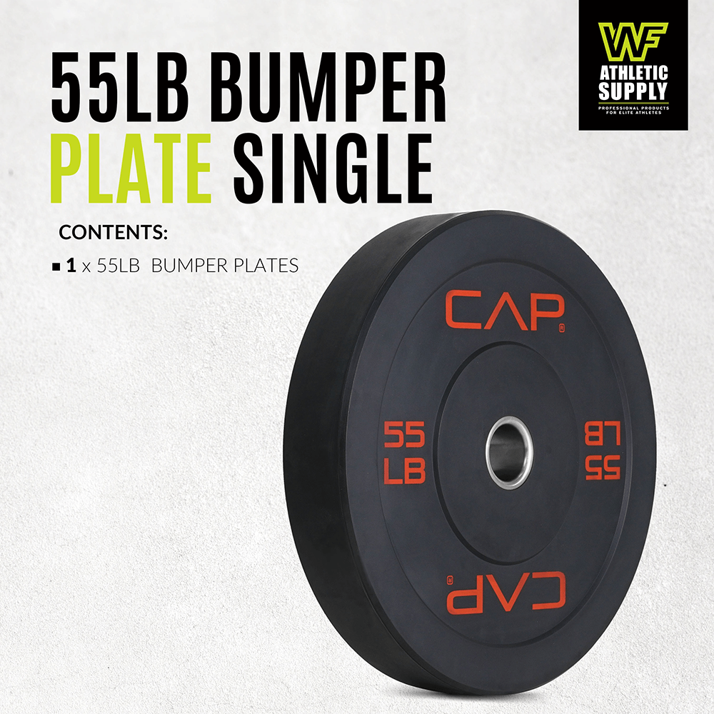 55lb Olympic weightlifting bumper plate with durable rubber and steel hub, ideal for strength training and intense workouts.