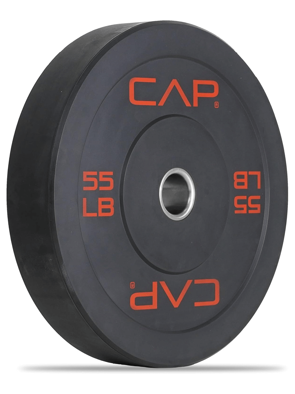 55 lb rubber bumper plate with steel hub for weightlifting strength training - Ideal for home gyms and Olympic lifts.