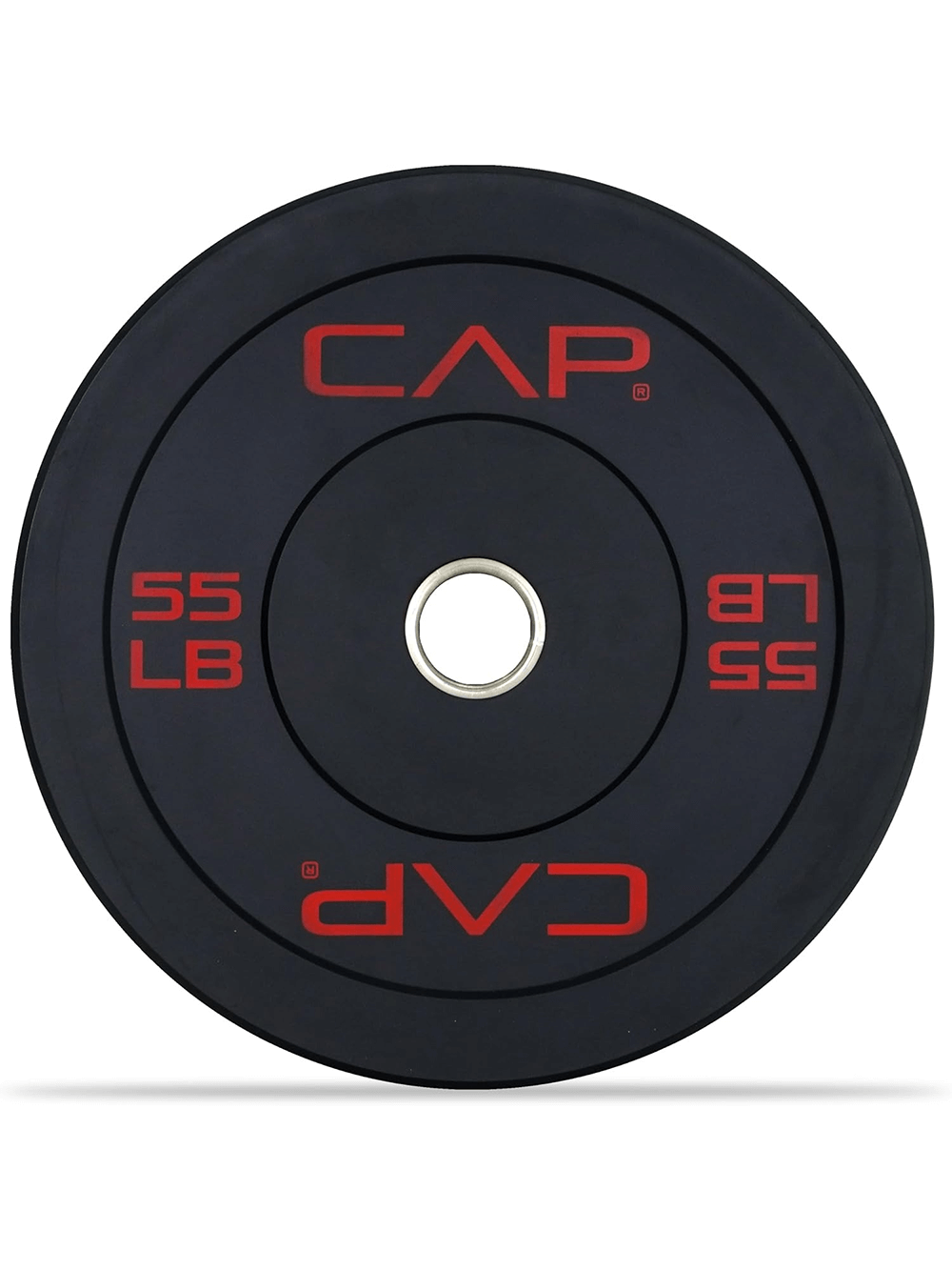 55 lb bumper plate for weightlifting, black rubber design with red markings, ideal for Olympic lifts and strength training at home or gym