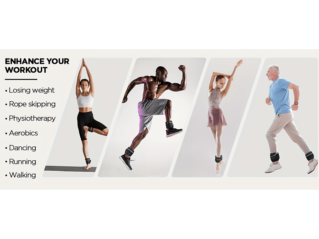 People using ankle weights for various exercises like yoga, running, and aerobics. Text: 'Enhance Your Workout' with benefits list.