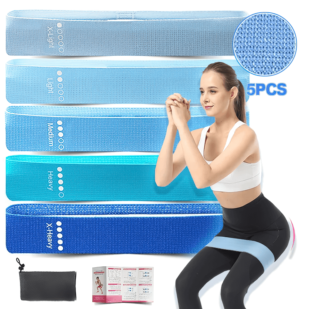 5pcs fabric resistance bands in blue tones with varied strength levels; woman using a band for fitness training. Includes carry pouch.