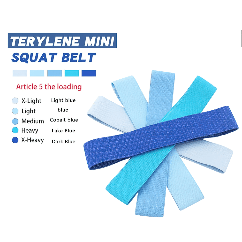 Colorful fabric resistance bands set for strength training, featuring five levels: X-Light to X-Heavy, made of durable terylene.
