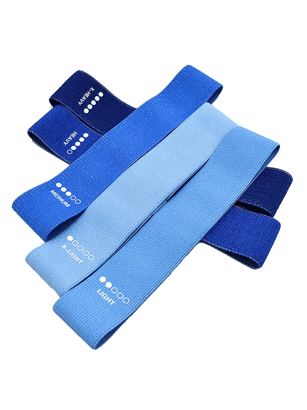 5pcs resistance bands in various blue shades for yoga and strength training, featuring durable terylene material for non-slip performance.