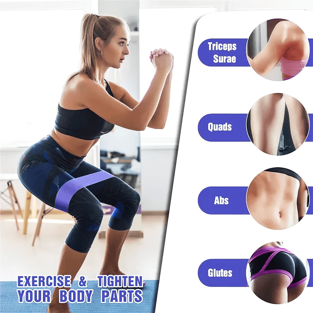 Woman using purple resistance band for strength training, targeting triceps, quads, abs, and glutes. Exercise and tighten your body parts.