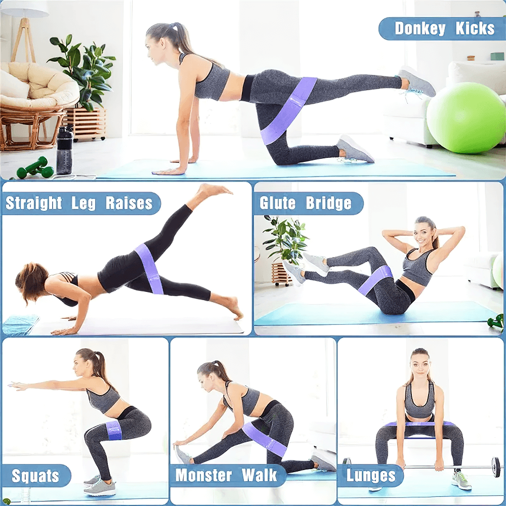 Different exercises using fabric resistance bands for strength training, including donkey kicks, squats, and lunges in a home workout setting.