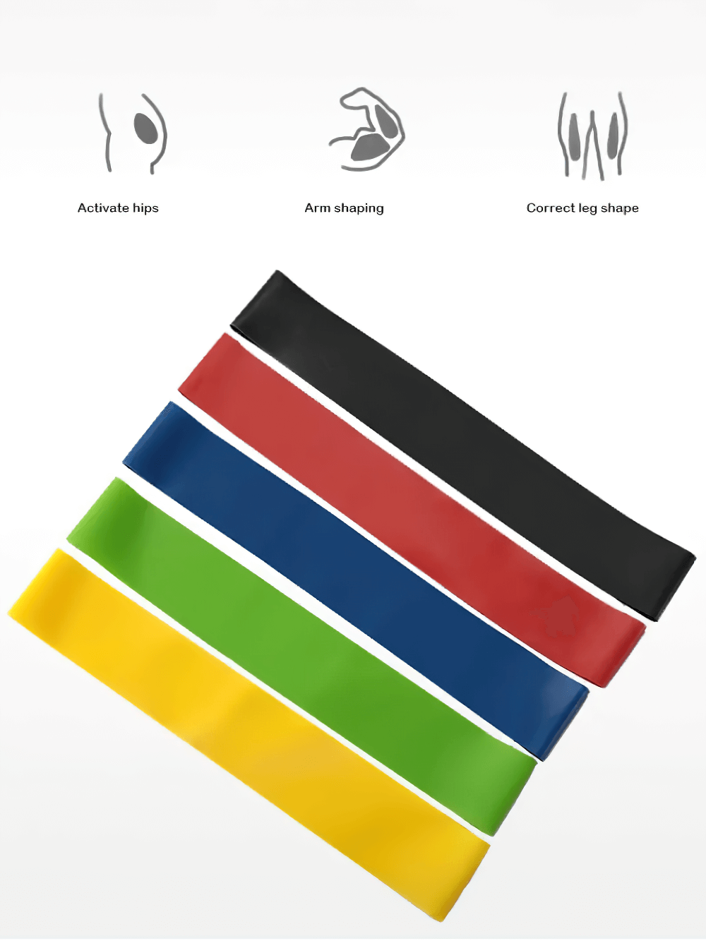 Colorful 5pcs resistance bands for Pilates and fitness, ideal for squats, stretching, and muscle toning, with tension levels 5-30LB.