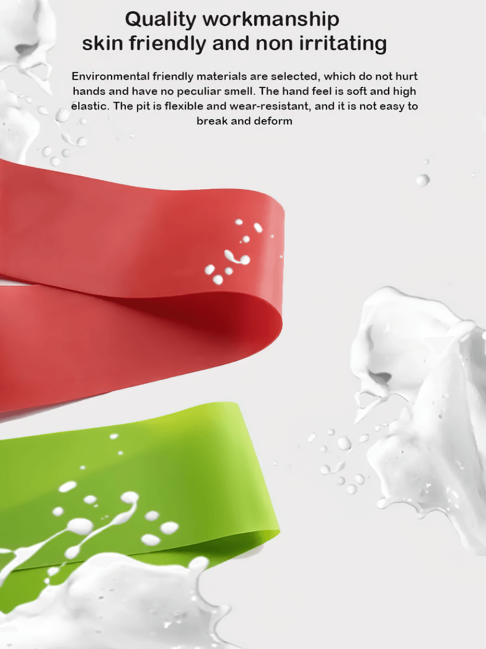 Close-up of red and green elastic resistance bands with water splash design, highlighting skin-friendly, durable quality for workouts.