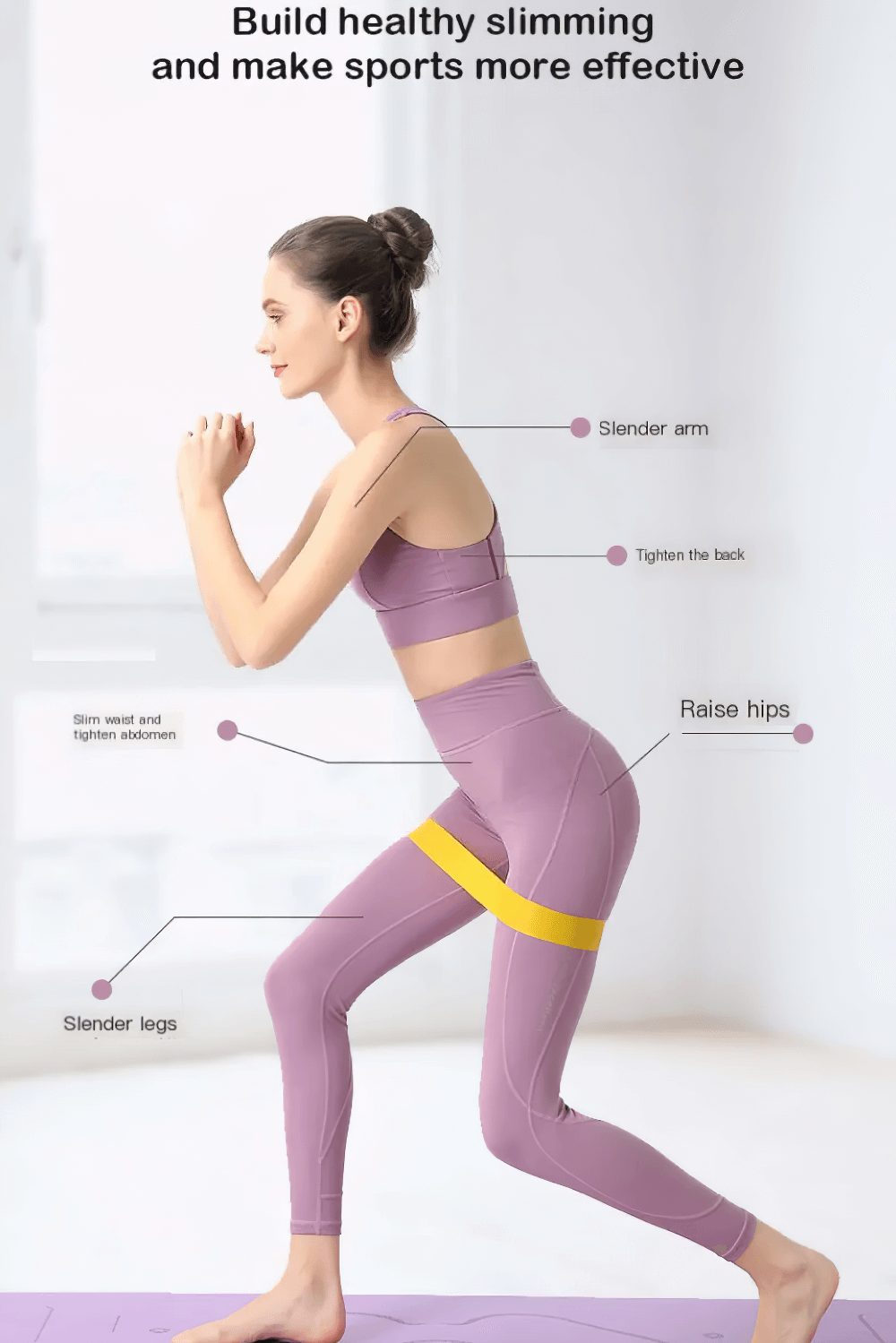 Woman performing squat with yellow resistance band for strength and flexibility in Pilates workout.