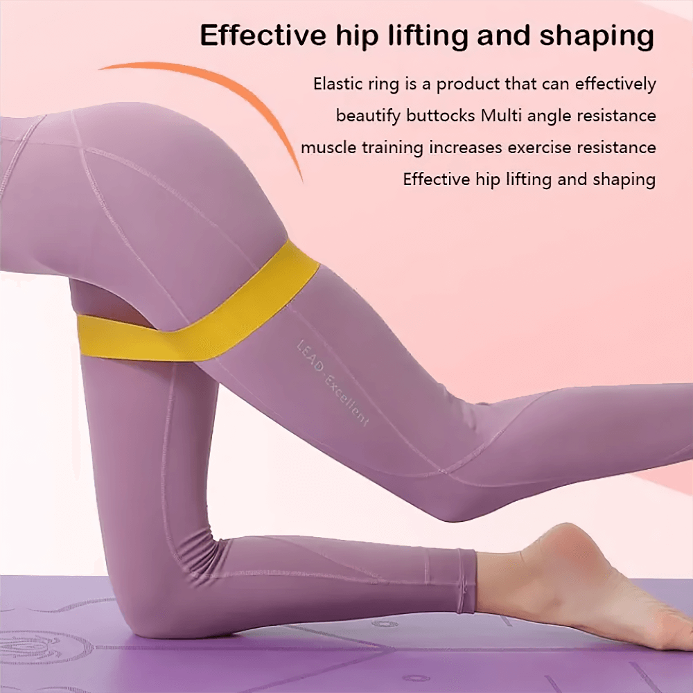 Woman using yellow resistance band for hip lifting and shaping, emphasizing muscle training and exercise effectiveness.