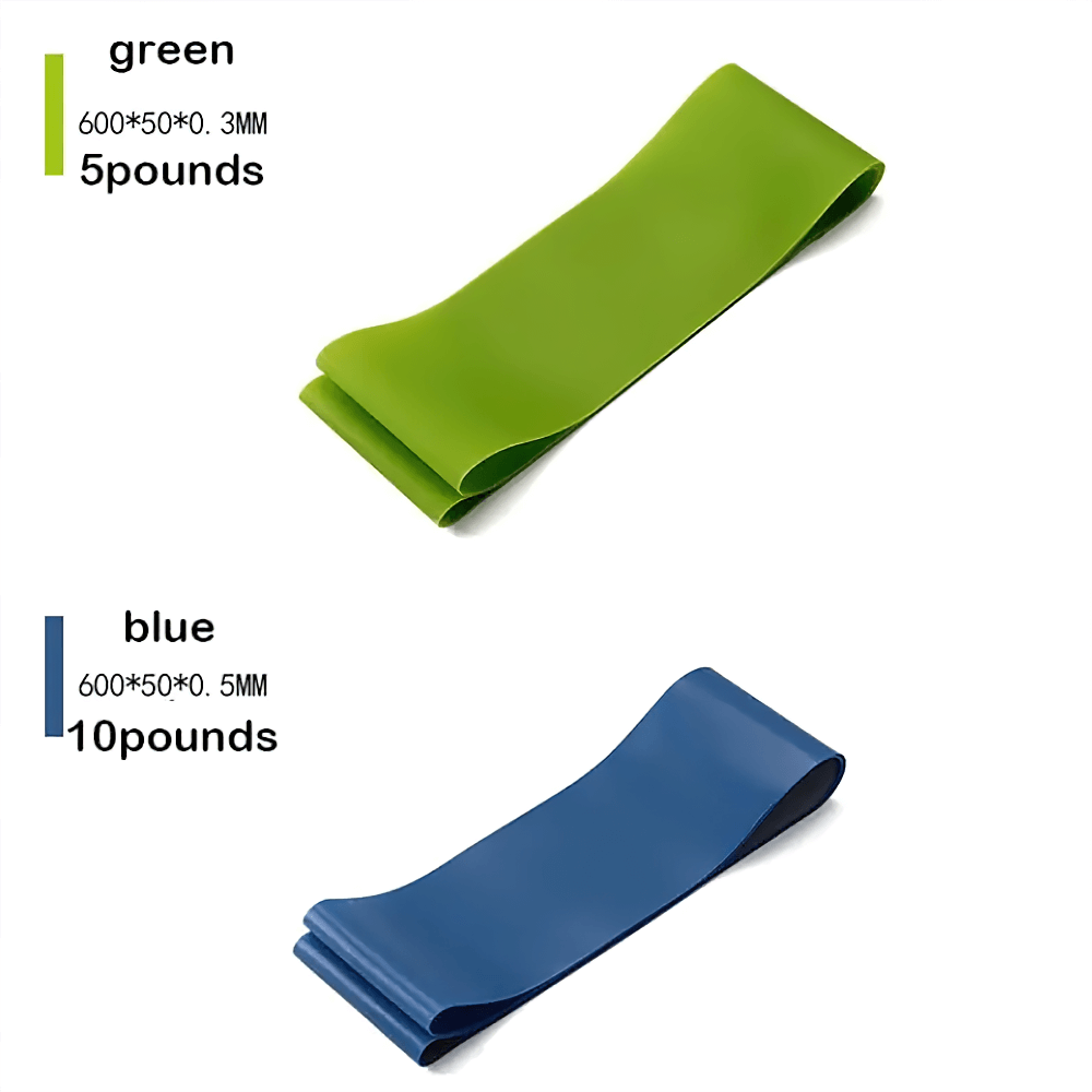 Green and blue resistance bands, 5lbs and 10lbs respectively, for Pilates and fitness exercises.