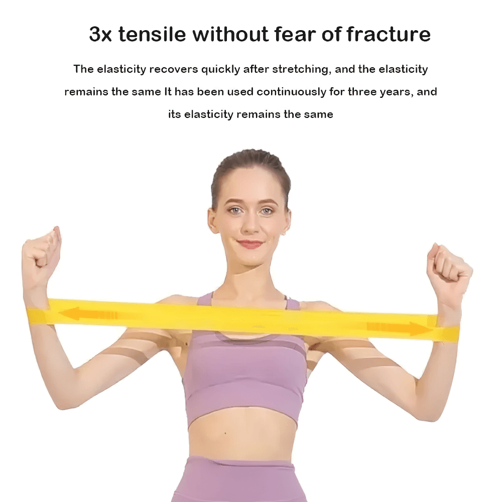 Woman using a yellow resistance band for stretching, demonstrating durability and elasticity in workout gear.