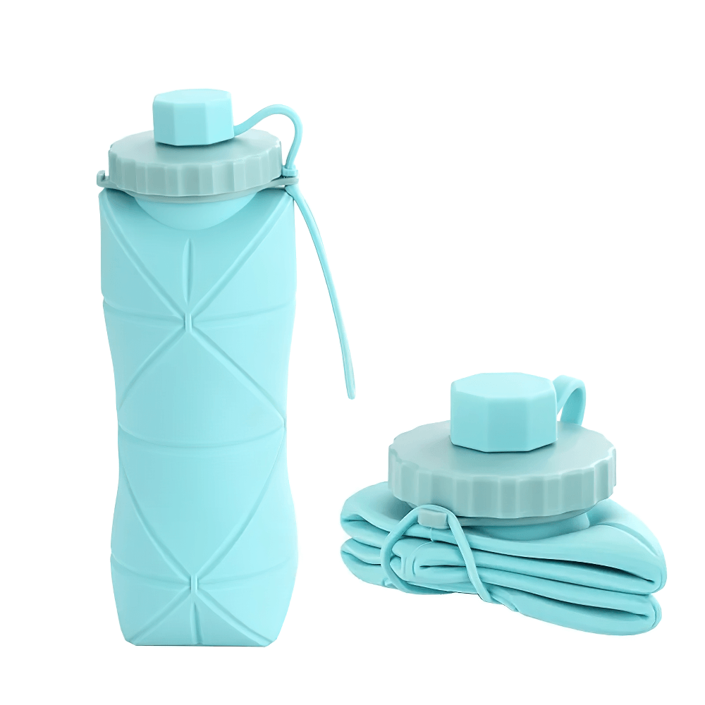 600ml Foldable Silicone Water Bottle for Gym - SF3486, portable and collapsible for travel and outdoor use, in turquoise color.