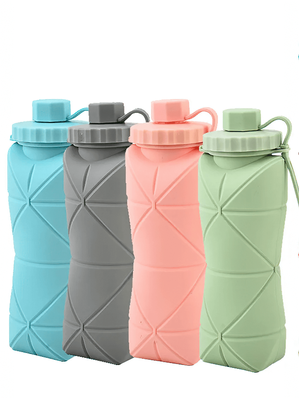 Colorful set of 600ml Foldable Silicone Water Bottle for Gym - SF3486 in blue, gray, pink, and green variations.