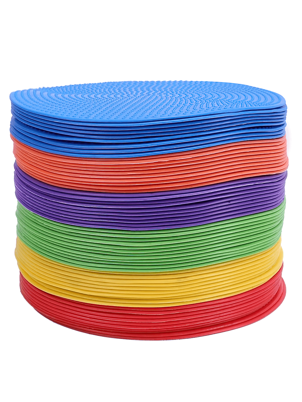 Stack of colorful non-slip flat soccer training marker mats for agility and court drills, featuring blue, orange, purple, green, yellow, and red.