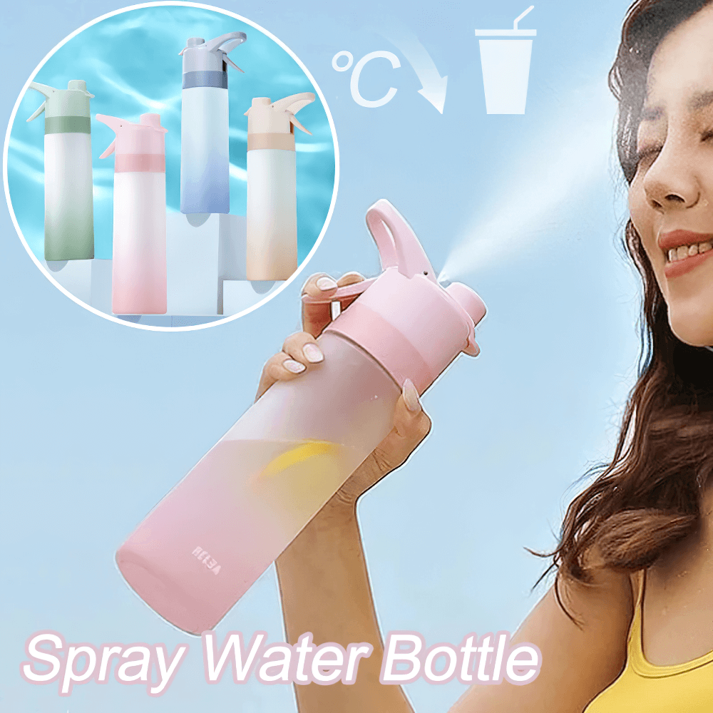 Woman using 650ml Spray Water Bottle for Outdoor Activities - SF3492 with mist function, perfect for fitness and travel, in pastel colors.