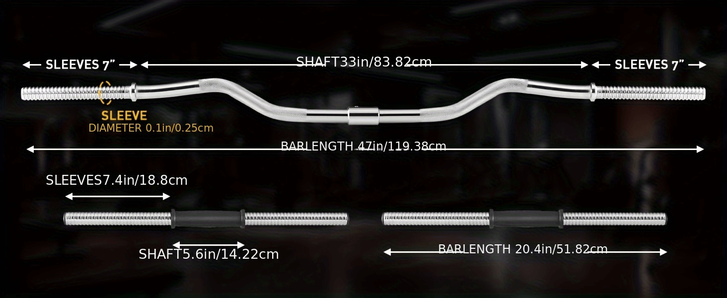 Dimensions of adjustable dumbbell and barbell set SF2917 with labeled sleeve and shaft measurements.