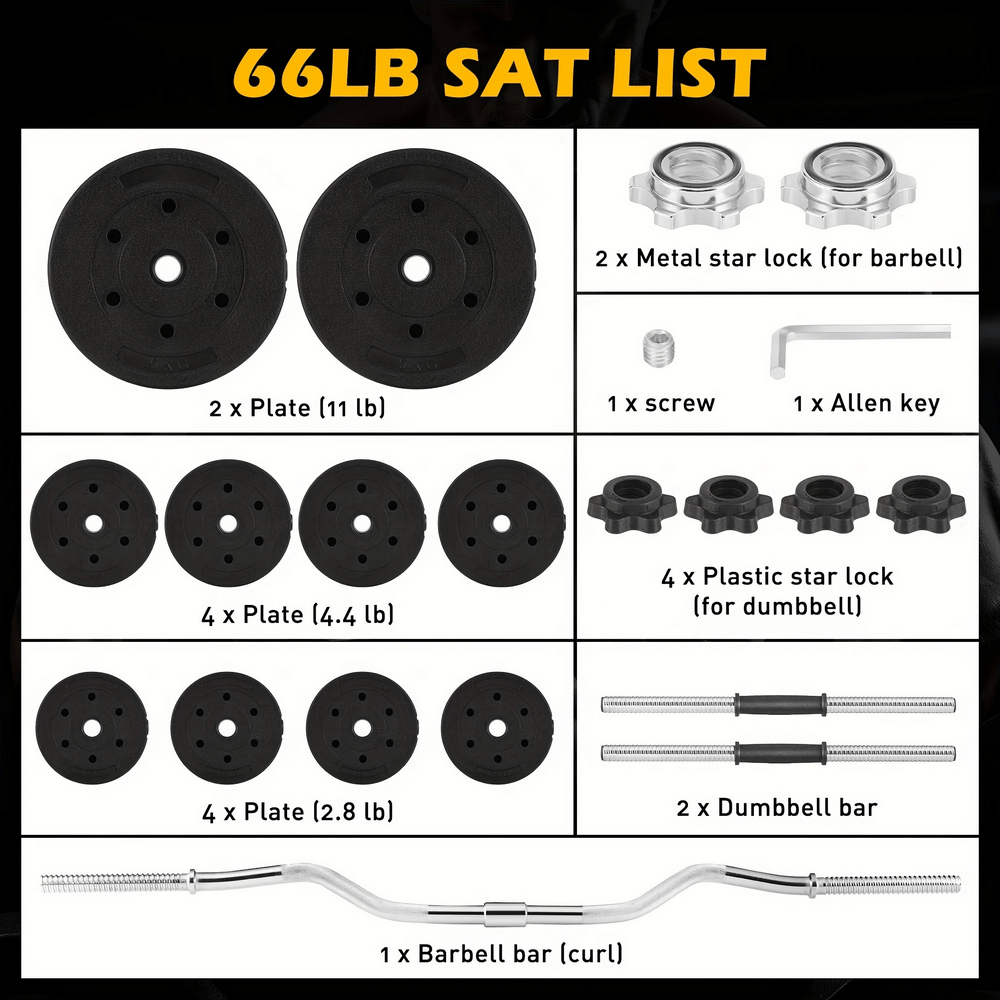 66LB adjustable dumbbell and barbell set components including weight plates, spin-locks, and curl bar for versatile workouts.