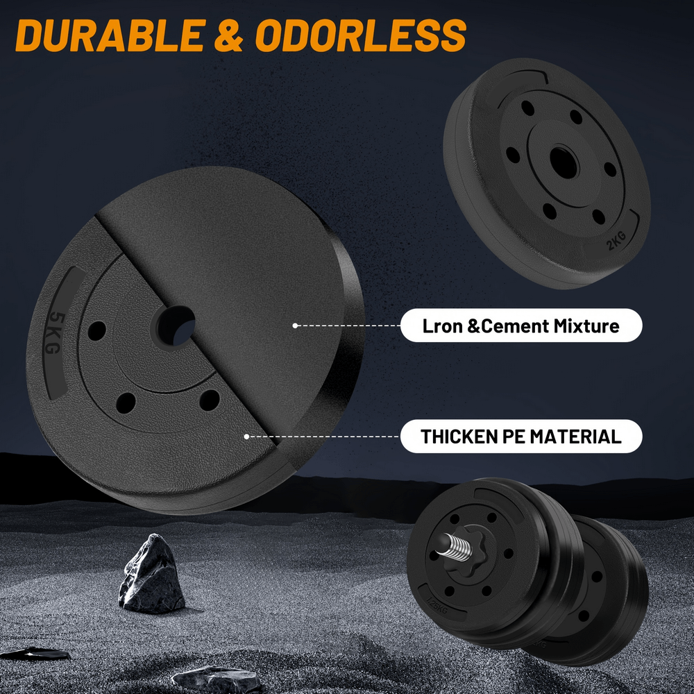 Durable and odorless dumbbell weight plates made of iron-cement mixture and thickened PE material for home gym workouts.