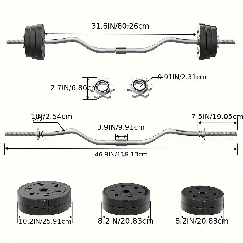 66LB Adjustable Dumbbell and Barbell Set SF2917 with dimensions and weights displayed for strength workouts.