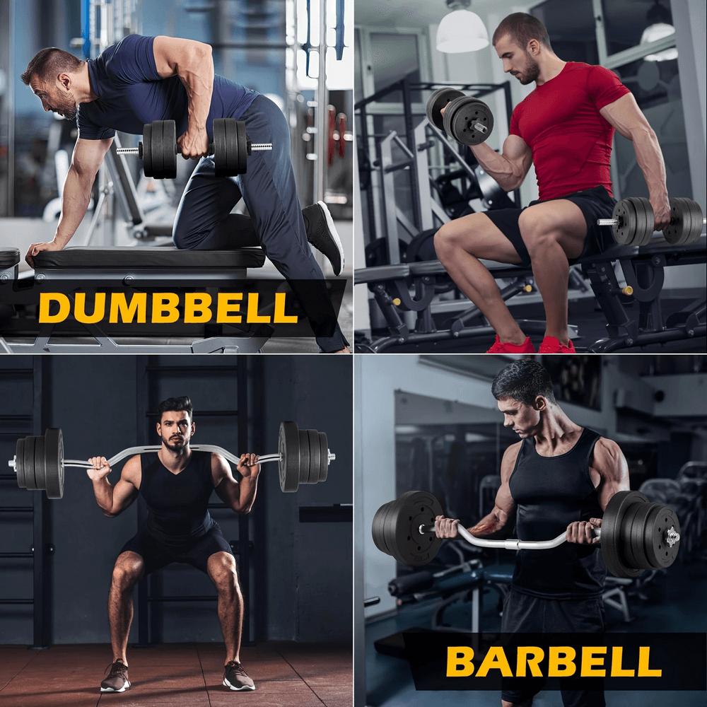 Men using 66LB adjustable dumbbell and barbell set for various strength training exercises in gym settings.