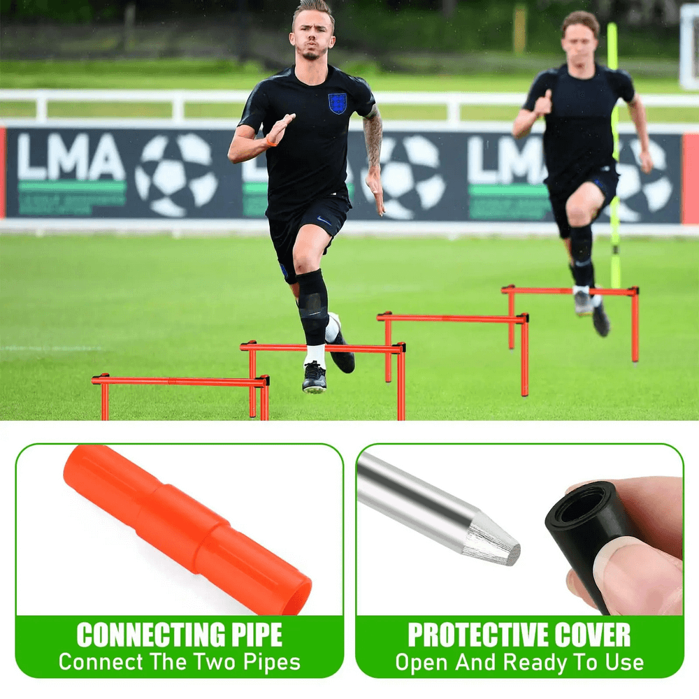 Soccer players training with agility poles and hurdles. Features connecting pipe and protective cover for easy assembly.