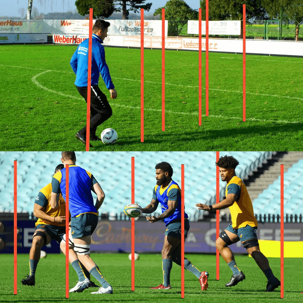 Athletes training with 6FT adjustable agility poles for speed and coordination on a field, perfect for soccer drills and athletic routines.