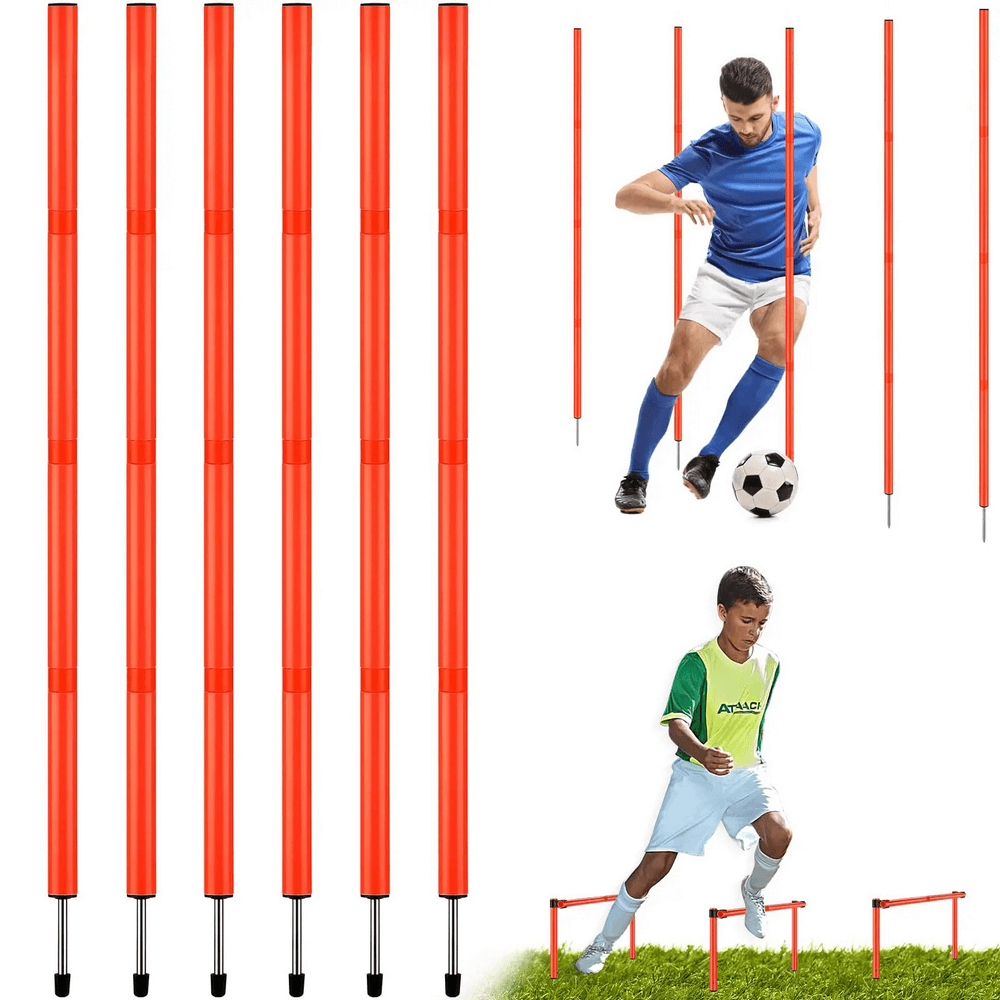 Set of 6 detachable agility poles for soccer training with two athletes demonstrating coordination and speed exercises.