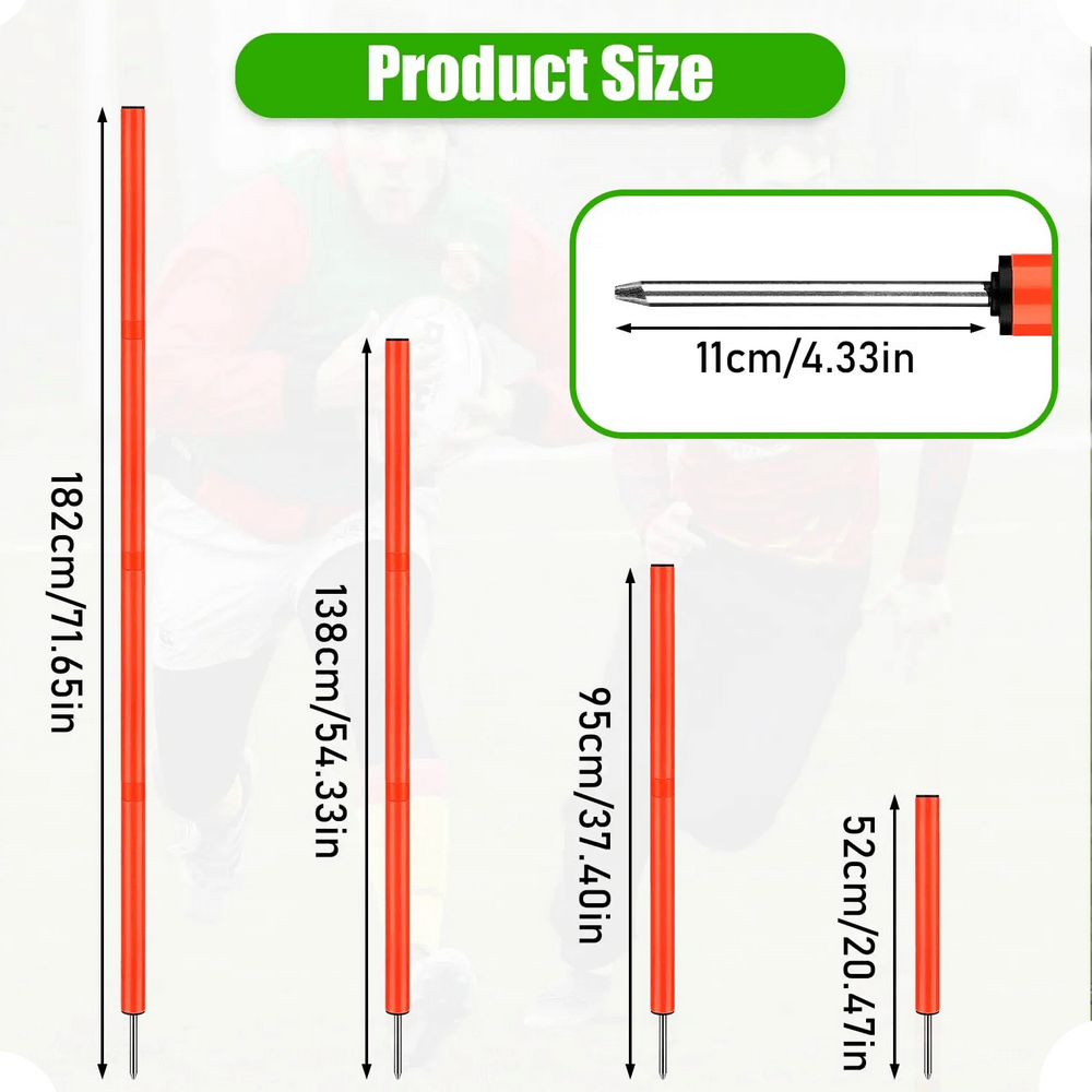 Diagram showing dimensions of 6FT adjustable agility poles for speed training, with various detachable sections and ground spikes.