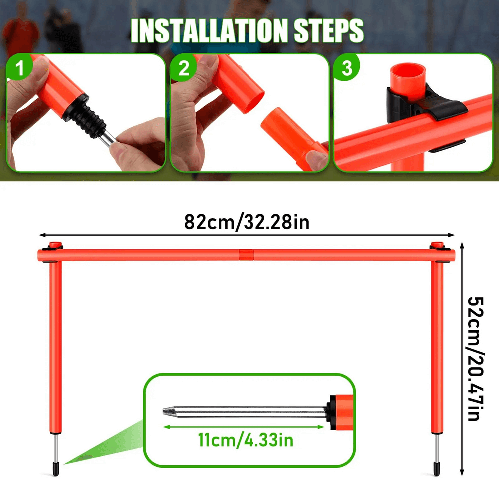 Installation steps for adjustable agility poles, showing detachable setup process with measurements, ideal for soccer and fitness.