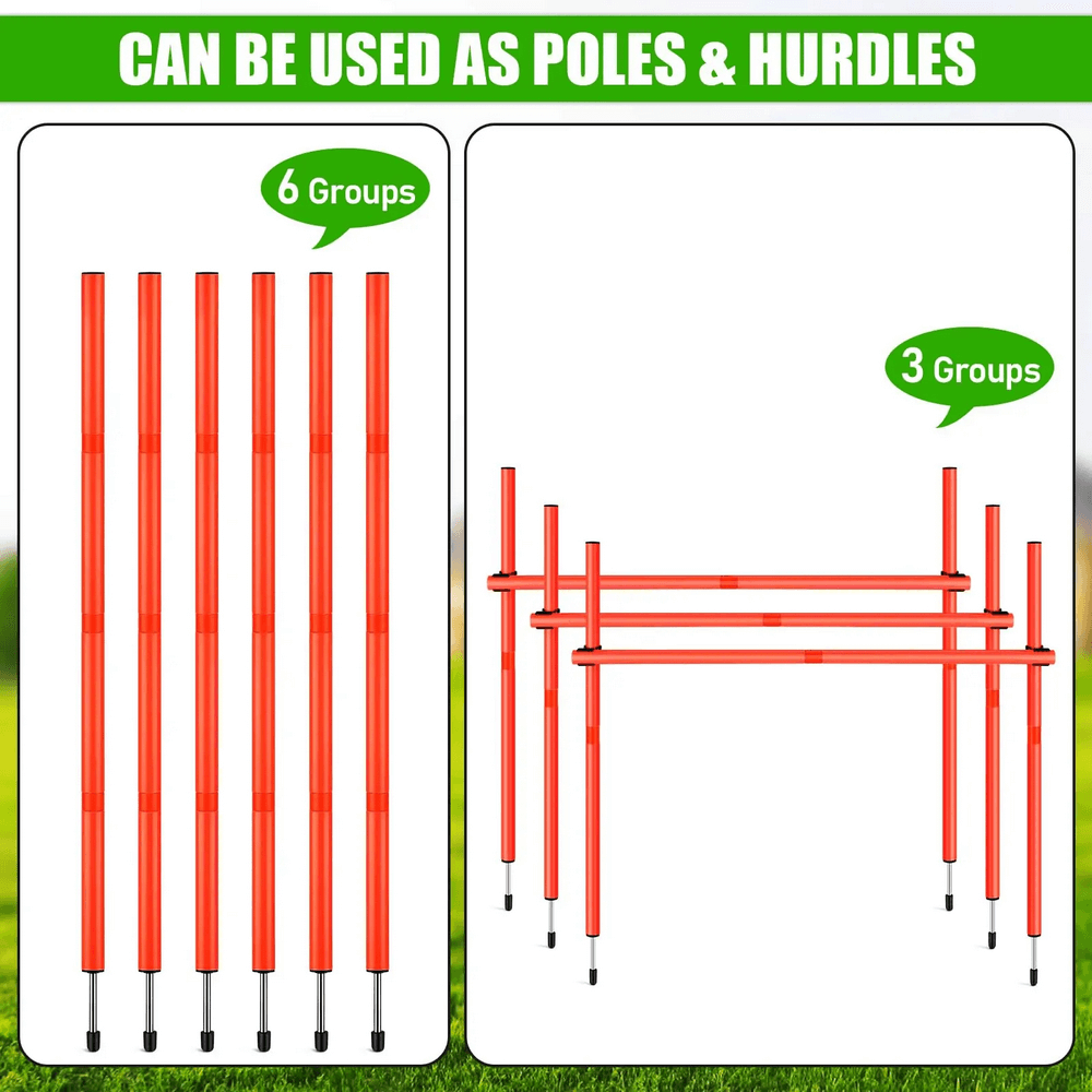 6FT adjustable agility poles set for soccer, fitness, and coordination training, shown as slalom poles and hurdles for versatile workouts.