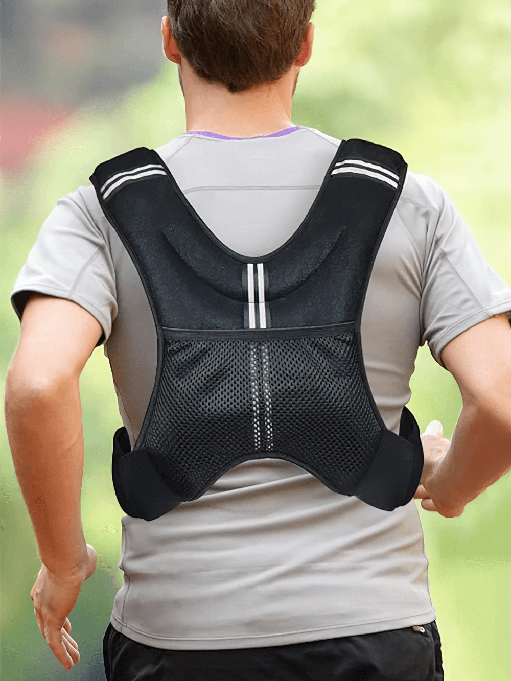 Person running wearing 6lb/8lb Weighted Vest for Running Training - SF3432 with reflective strips and phone pocket.