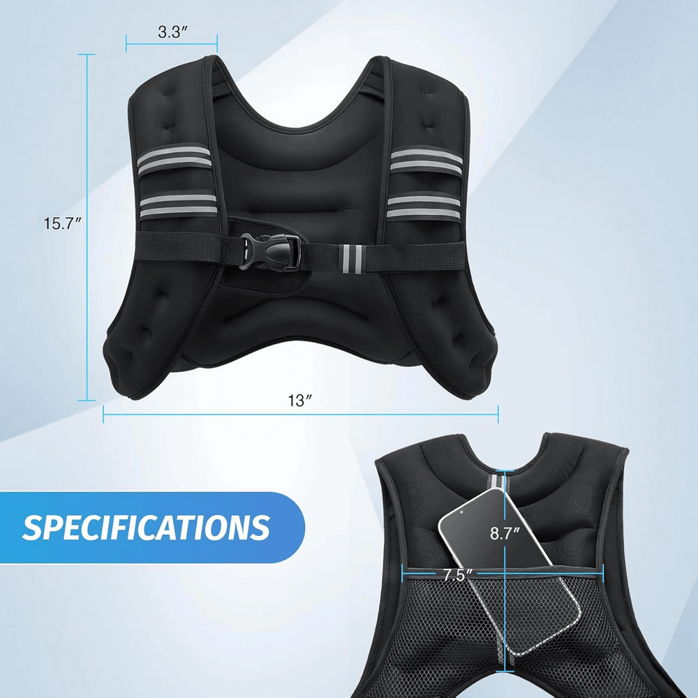 Specifications of 6lb/8lb Weighted Vest for Running Training - SF3432 with phone storage pocket and reflective safety strips.