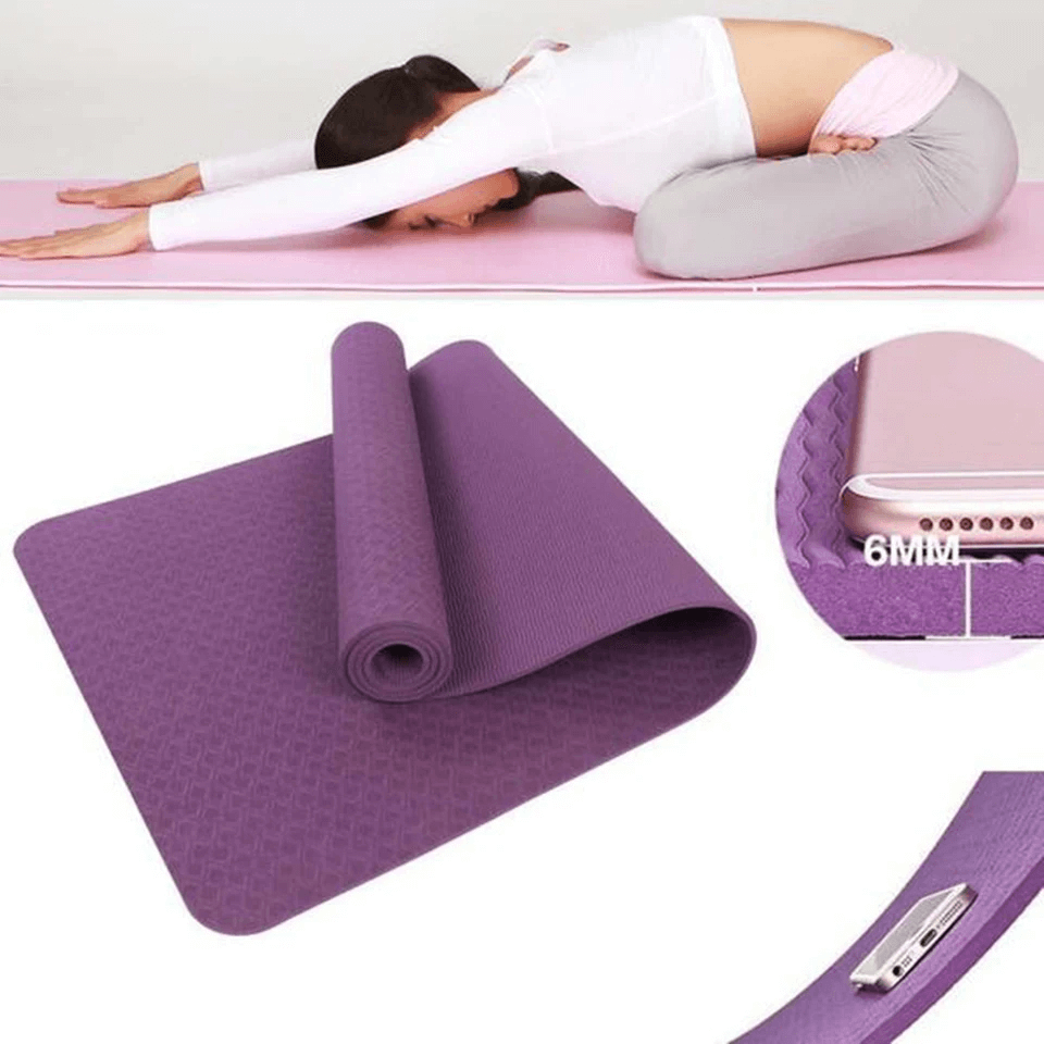 Thick 6mm EVA foam yoga mat for non-slip performance and joint protection, perfect for gym and travel use.