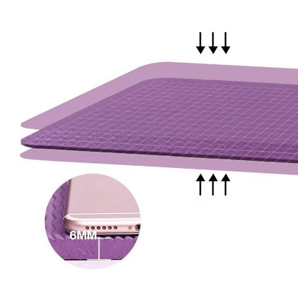 Close-up of 6mm purple EVA foam yoga mat with non-slip texture, ideal for travel and gym workouts, emphasizing thickness and durability.