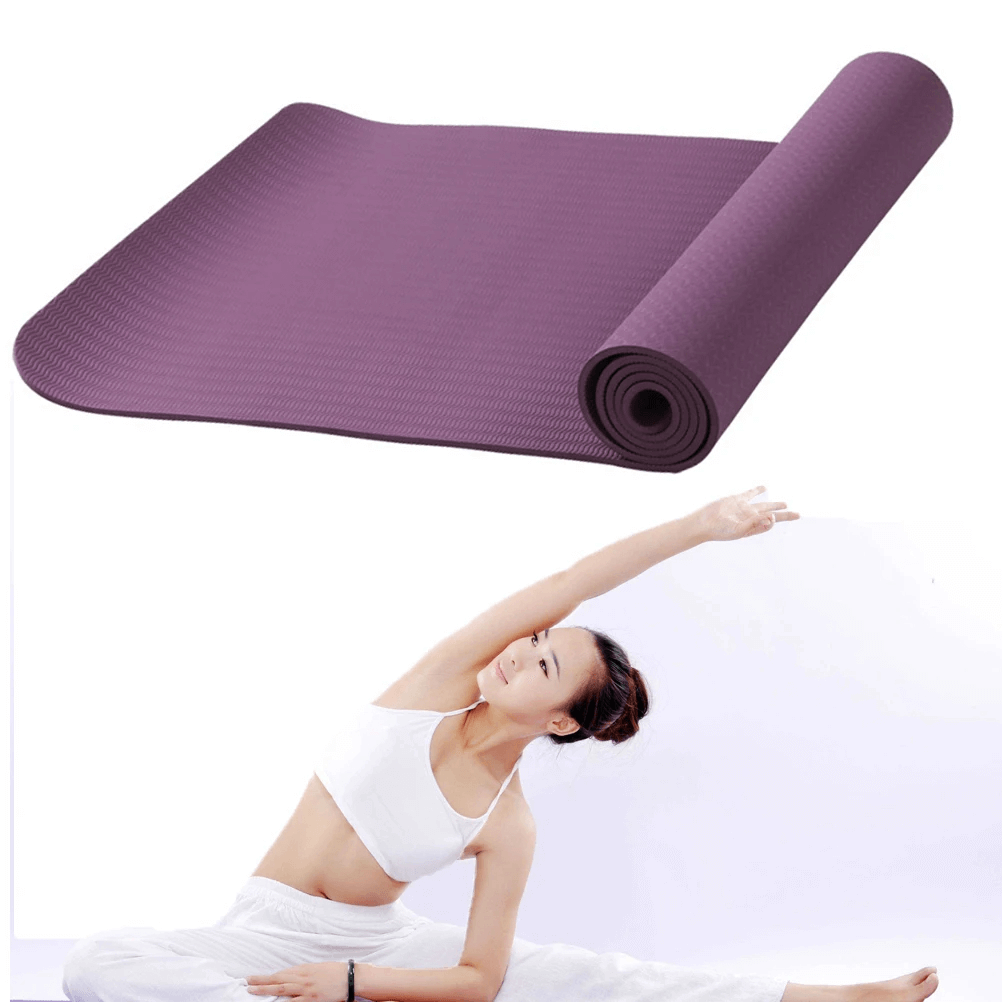 Woman stretching near a purple 6mm EVA foam non-slip yoga mat designed for gym and travel use.