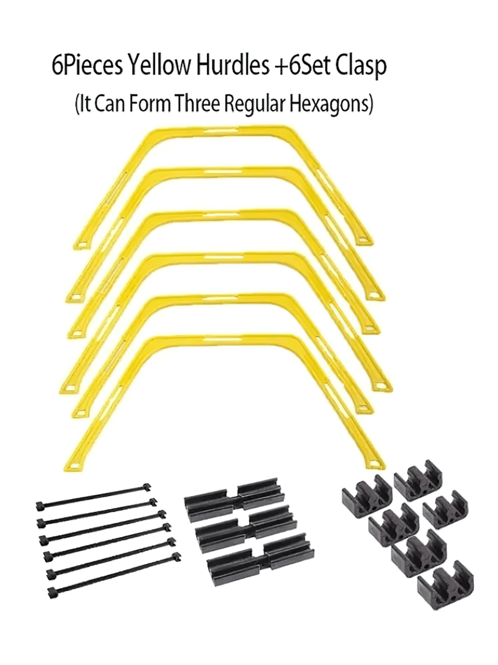 Modular Hexagonal Hurdles and Connectors Set for agility training, featuring 6 yellow hurdles and connectors to form hex rings.
