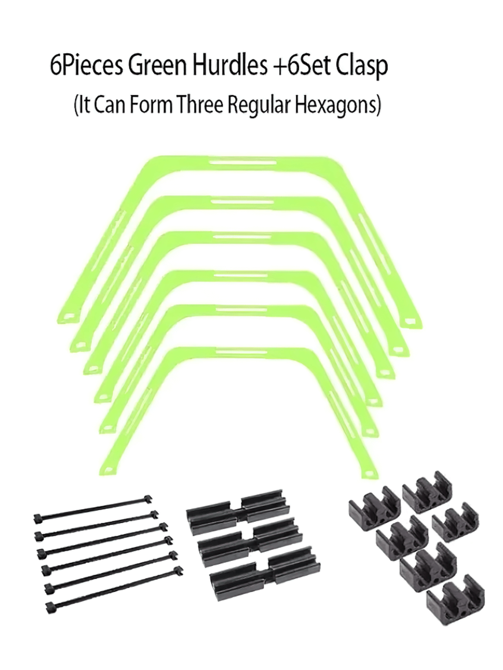 6Pcs Modular Hexagonal Hurdles and Connectors Set - Agility Training Kit with vibrant green hurdles and speed clips layout.