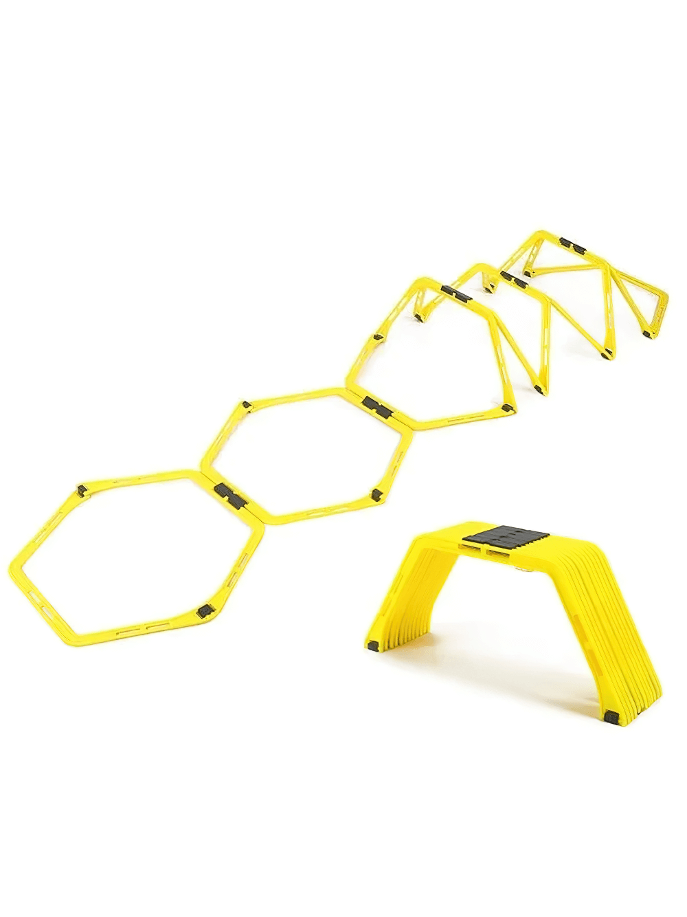 Yellow modular hexagonal hurdles and connectors set with agility hex rings for speed and coordination training.