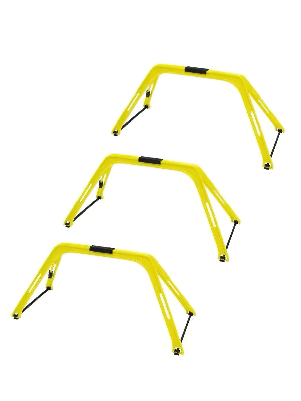 Yellow modular hexagonal hurdles set for agility training, showing three connected hurdles ideal for speed and coordination drills.