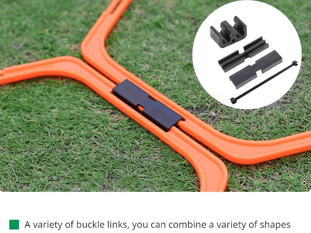 Modular hexagonal hurdles and connectors set showing vibrant orange connectors on grass for agility training.
