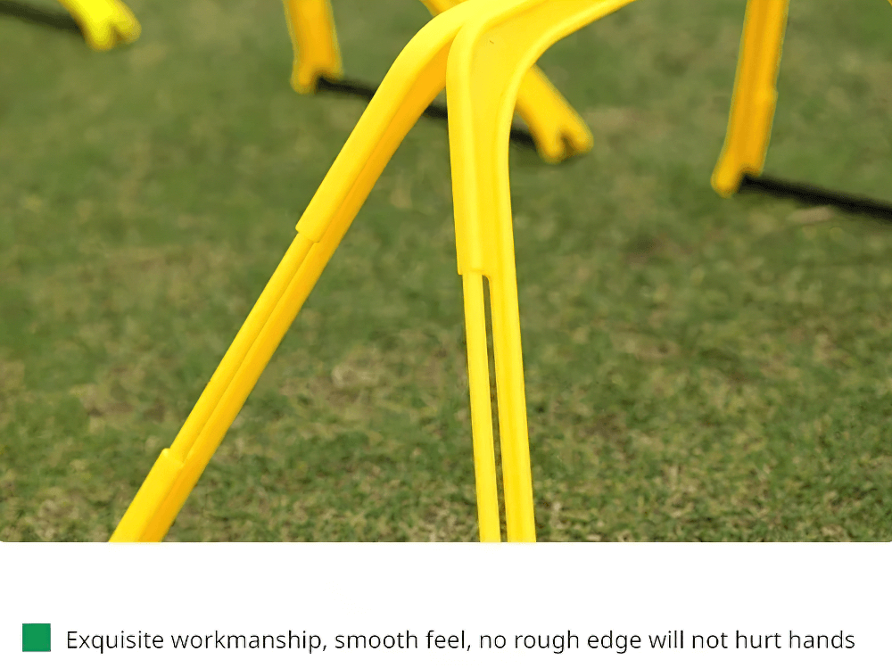 Close-up of yellow modular hexagonal hurdle showcasing smooth design on grass for agility training.