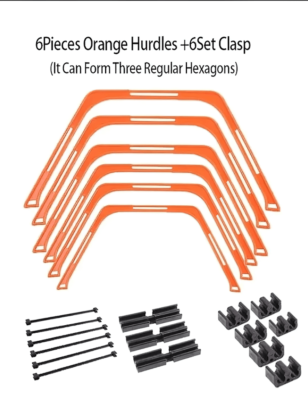 Orange modular hexagonal hurdles set with connectors for agility training, forming up to 3 hex rings for speed drills and fitness bootcamps.