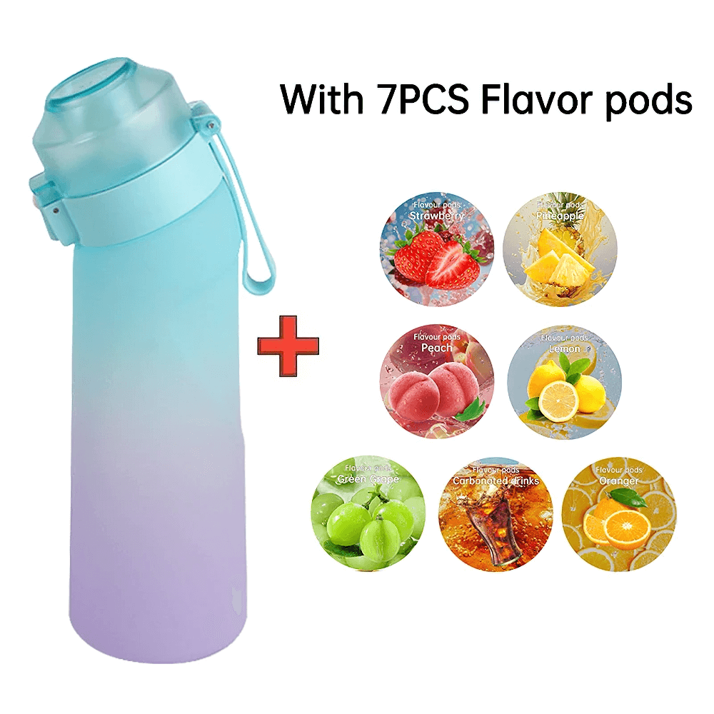 7-Flavor Pods Water Bottle with Straw in gradient design, featuring flavor pods for enhanced hydration during sports.