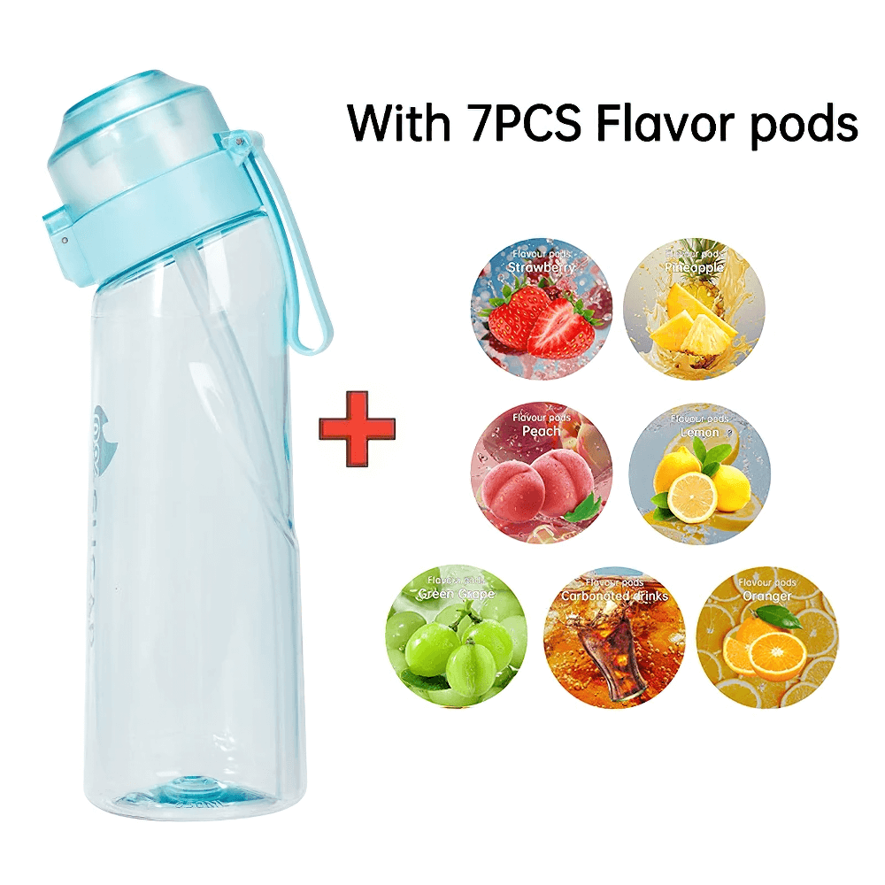 Water bottle with 7-flavor pods, including strawberry and lemon, ideal for sports and fitness hydration.