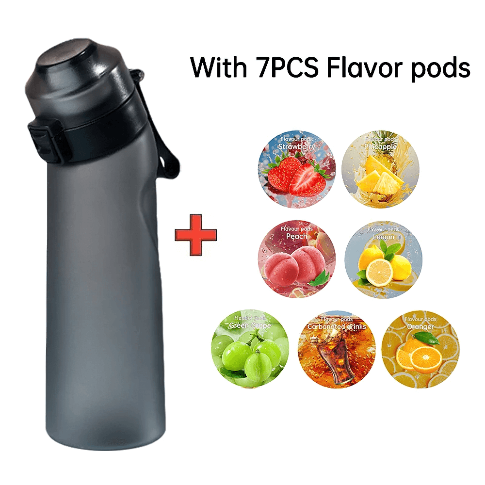 Stylish water bottle with straw and 7 flavor pods, perfect for fitness and hydration. Includes fruity and refreshing options. SF3071.